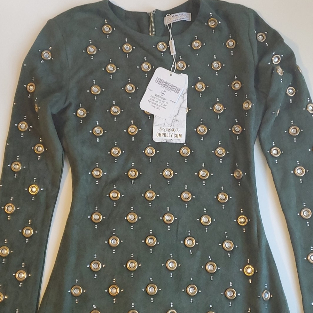 Oh Polly Emerald Green Embellished Long-Sleeve Mini Dress - Picture 2 of 3